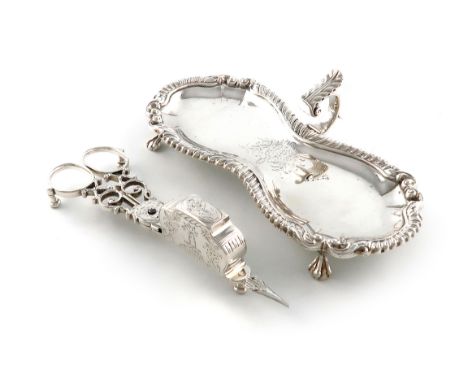 A George III silver snuffer tray and associated scissor snuffers, by William Cafe, London 1764, the snuffers by IB, London 17