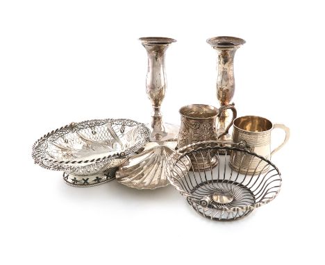 A mixed lot of silver items, various dates and makers, comprising: a pair of George III candlesticks, by John Green, Roberts,