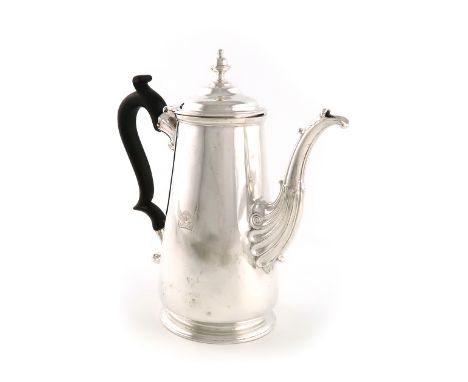 A George II Irish silver coffee pot, by William Walsh, Dublin circa 1750, tapering circular form, scroll handle, domed hinged