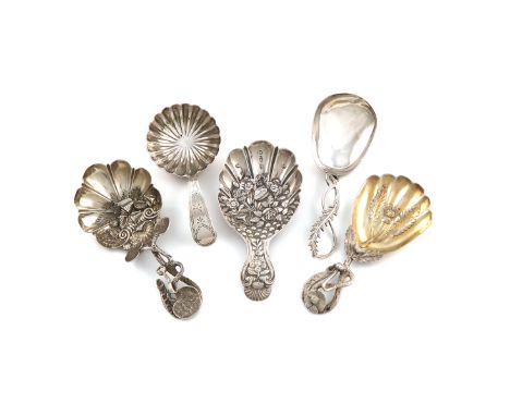 A small collection of five antique silver caddy spoons, comprising: three by Hilliard and Thomason, Birmingham various dates,