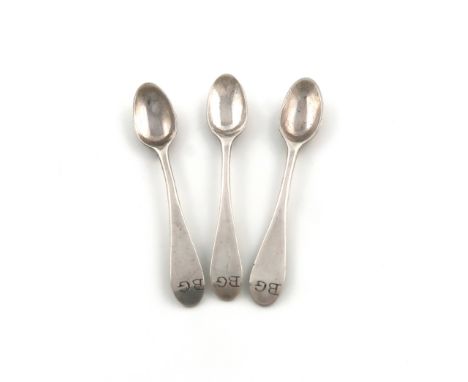 A set of three 18th century miniature/ toy teaspoons, maker's mark only possibly V&amp;R, the terminal initialled B.B,. lengt