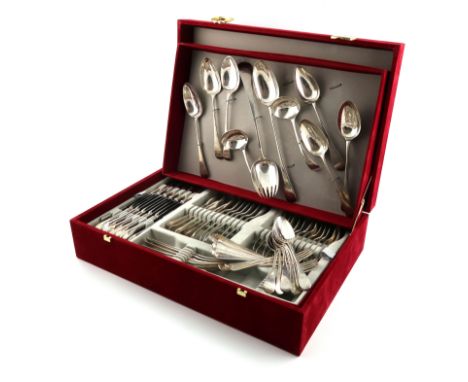 A matched George III and later collection of silver Old English pattern flatware, various dates and makers, terminals with in