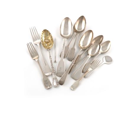 A mixed lot of antique Chester silver flatware, various patterns, dates and makers, comprising: two tablespoons, a tablespoon