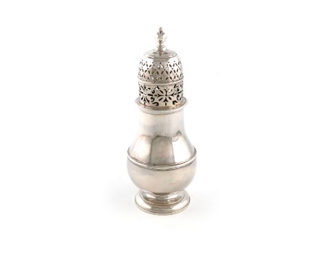 A George I silver sugar caster, by Samuel Welder, London 1715, baluster form, central girdle, the pull-off cover with a knop 