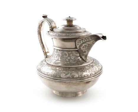 λA George IV silver hot water pot, by James Wintle, London 1827, circular bellied form, chased foliate scroll decoration on a