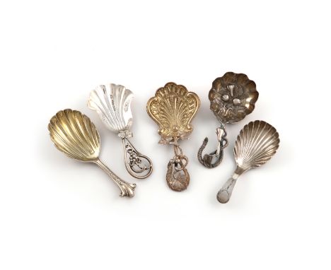 A small collection of five antique silver caddy spoons, comprising: three by Hilliard and Thomason, Birmingham various dates,