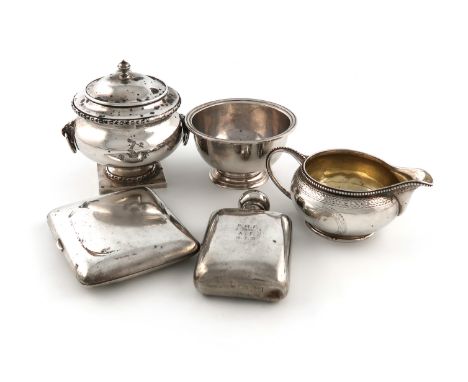 A mixed lot of silver items, various dates and makers, comprising: a tea caddy, by Pearce &amp; Sons, London 1913, circular f