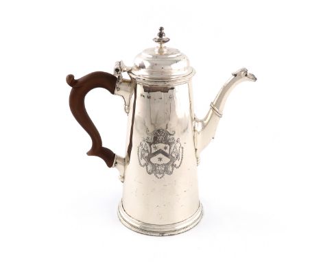 A George II silver coffee pot, by Thomas Mason, date letter rubbed, possibly London 1743, tapering circular form, scroll hand