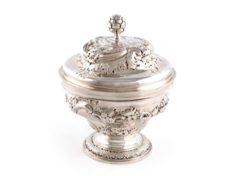 A George II silver sugar bowl and cover, by William Shaw and  William Priest, London 1753, tapering circular form, chased fol