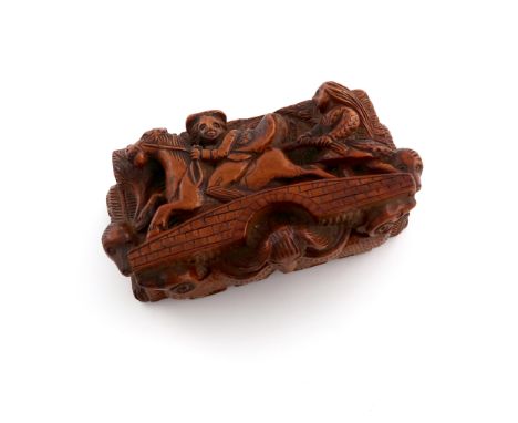 A 19th century Scottish carved 'blind man' snuff box, carved in high relief throughout, the rectangular lid depicting Tam O'S