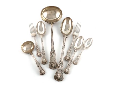 A Victorian silver canteen of Kings pattern flatware for twelve, by George Jackson, London 1896, the terminal with a crest, c