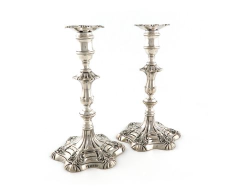 A pair of early Victorian silver candlesticks, by Samuel Walker &amp; Co, Sheffield 1939, in the mid-18th century manner, kno