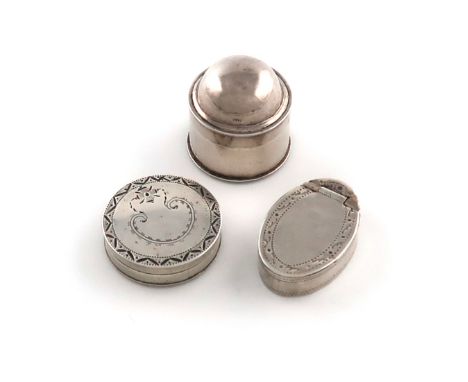 A small collection of three George III silver patch boxes, comprising: one of oval form, by Joseph Taylor, with a double duty