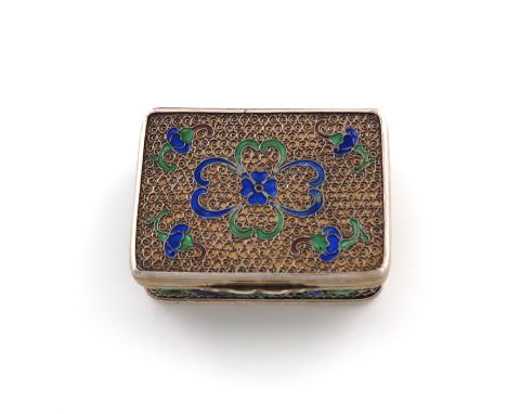 A 19th century Chinese parcel-gilt silver and enamel vinaigrette, unmarked, rectangular form, the hinged cover and sides with