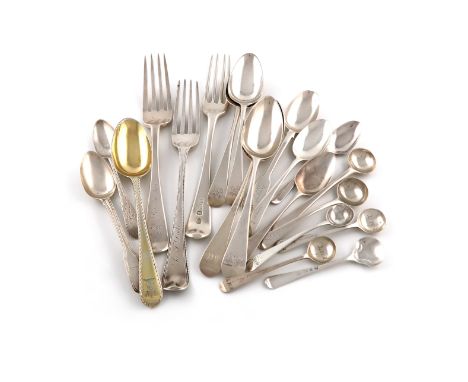 A mixed lot of silver flatware, various dates and makers, comprising: an early Victorian Old English pattern table fork, by W