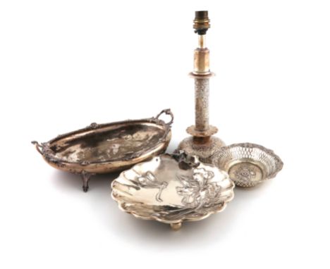 A mixed lot of silver items, comprising: a Victorian lamp base, by Heath and Middleton, London 1887, chased foliate decoratio