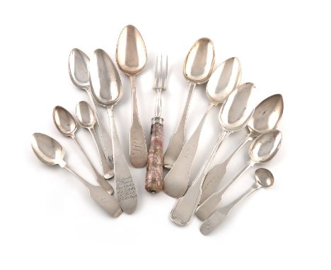 A mixed lot of foreign silver flatware, comprising: a German Fiddle and Thread spoons, Augsburg, inscribed, a French tablespo