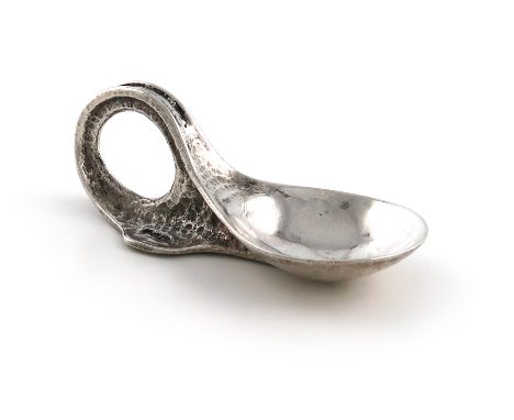 By Omar Ramsden and Alwyn Carr, an Edwardian Arts and Crafts silver caddy spoon, London 1914, spot hammered fig-shaped bowl, 