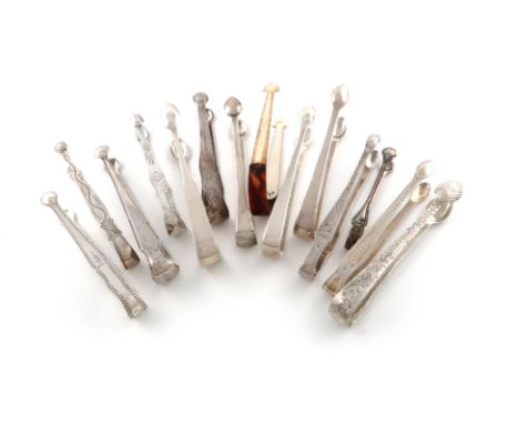 λA collection of thirteen pairs of silver sugar tongs, various dates and makers, comprising: various designs, some bright cut