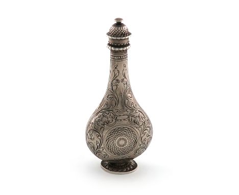 A late 18th / early 19th century continental silver scent flask, unmarked, circa 1800, slender baluster form, engraved foliat