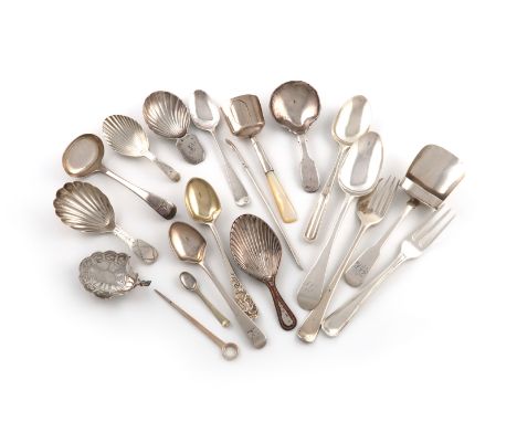 A mixed lot of silver flatware, various dates and makers, comprising: a small fork with a cutting blade, by Richard Crossley,
