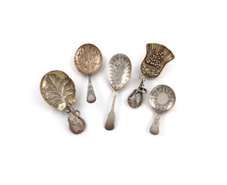 A small collection of five antique silver caddy spoons, comprising: three by Hilliard and Thomason, Birmingham various dates,