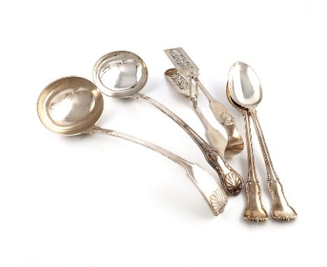 A mixed lot of silver flatware, comprising: a pair of Victorian Princess No.1 pattern basting spoons, by George Adams, London