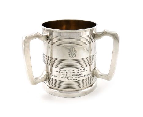 A Victorian electroplated regimental cup (tyg), The Highland Light Infantry, (Militia), by Elkington and Co, 1872, tapering c
