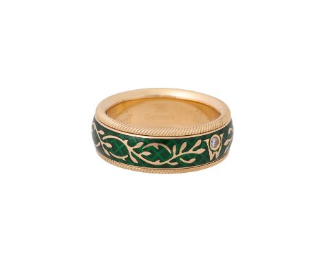 WELLENDORFF Drehring "Efeu", Brillant 0,017 ct, KP: 2.890 € (2017), GG 18K, 10,2 gr, grün emailliert, RW: 51,5, 21. Jh., leic