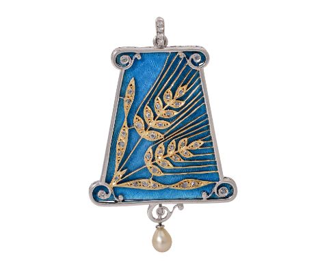 Art Déco Anhänger mit Diamantrosen und kleiner Zuchtperle, blau emailliert, Platin tlw. vergoldet, 15,8 gr, L: ca. 5,5 cm, 1.