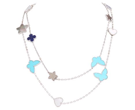 VAN CLEEF & ARPELS Kette "Lucky Alhambra", 15 Motive, mit Türkis, Lapislazuli und Perlmutt, NP: ca. 23.900 €, WG 18K, Länge c
