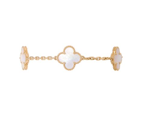 VAN CLEEF & ARPELS Alhambra Armband, Ref. VCARA41800, Gelbgold 18K, mit 5 Motiven aus Perlmutt, NP: 4.500 €, GG 18K, 11,6 g, 