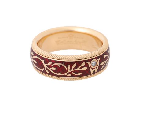 WELLENDORFF Drehring "Hibiscus", Brillant 0,017 ct, NP: 4.700 €, GG 18K, dunkelrot emailliert, 10,3 gr, RW: 51,5, 21. Jh, lei