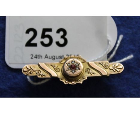 9ct gold, ruby and pearl bar brooch.