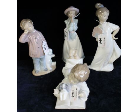 Four Nao Spanish porcelain figures to include: girl with fan; young boy and puppy, reading etc. (4)