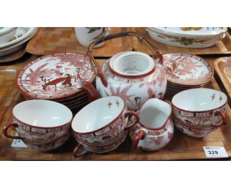 Tray of Japanese porcelain teaware with lithophane portrait bases to include: cups; saucers; teapot; milk jug; plates etc.