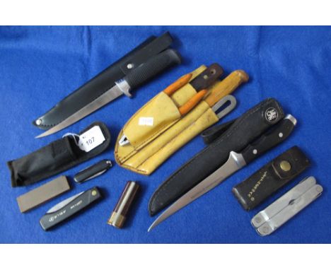 Assorted knives and hand tools to include: 'Mustad' fish filleting knife in scabbard; Normark fish filleting knife in scabbar