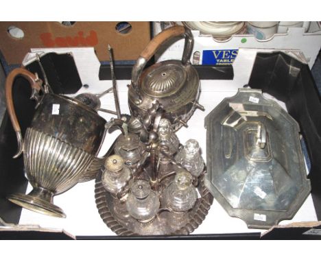 Tray of assorted metalware to include: silver plated cruet set; spirit kettle on stand; Art Deco design lidded tureen etc.