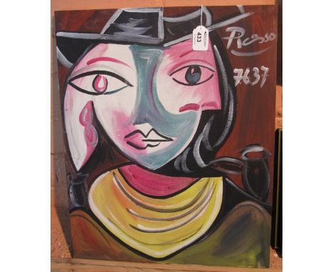 After Pablo Picasso, portrait study, oils on canvas. Unframed.