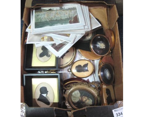Tray of modern framed portrait miniatures, cameo miniature and various modern topographical postcards.