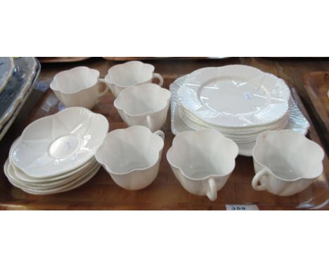 Tray of white Shelley fluted fine bone china part tea set to include: cups and saucers; side plates and a sandwich plate.