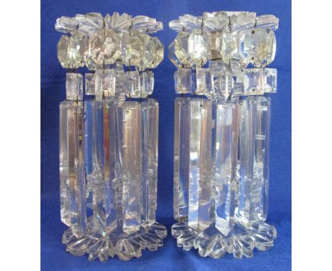 Pair of 19th Century clear glass candlestick lustres and spangles.  (2) CONDITION REPORT: Most of the spangles are chipped/da