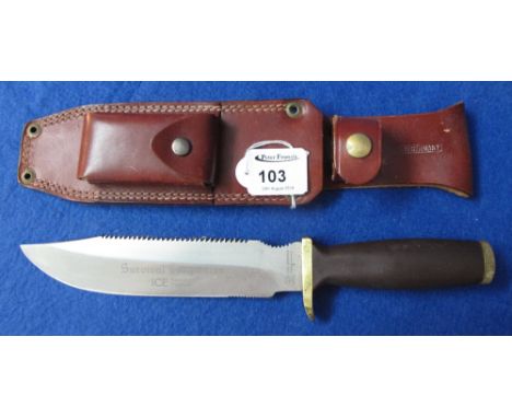 Karl Schlieper of Solingen 'Survival Companion' survival knife in leather sheath with clipped blade, compass to the handle an