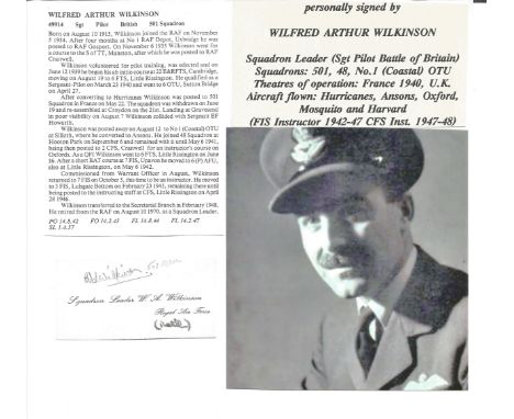 WW2 BOB fighter pilot Arthur Wilkinson 501 sqn signature piece with biography info fixed to A4 page. Single vendor Battle of 