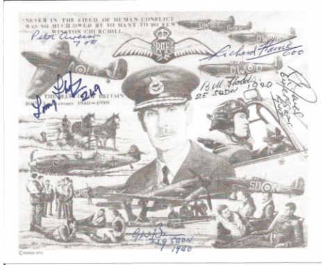 WW2 BOB fighter pilot s six signed Dowding art card, Anthony Thompson 85 sqn, G W Benn 219 sqn, R Jones 64 sqn, Bill Hodds 25