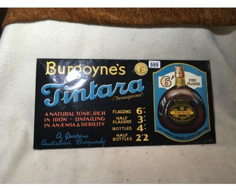 Original enamel advertising sign for Burgoyne's Tintara with card backing. Measures 28cm x 57cm. 