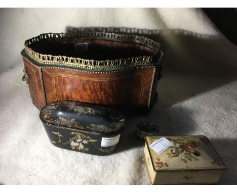 A lot: Edwardian inlaid wooden jardiniere with brass handles and balustrading; lacquerware trinket box with MOP inlay, base m