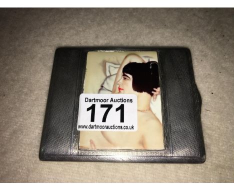 Early 20thC hallmarked silver cigarette case with enamel plaque - erotic image of lady 