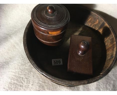 3 wooden items - coopered wooden bowl, tea caddy and blotter 