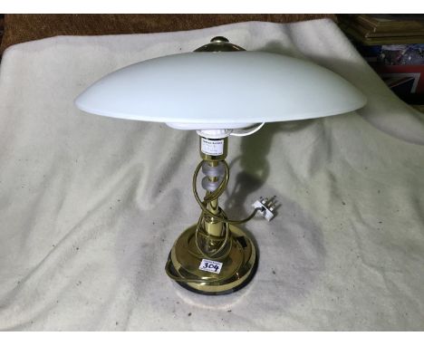 Modern table lamp: brass effect with frosted glass parasol shade; ht 41cm 